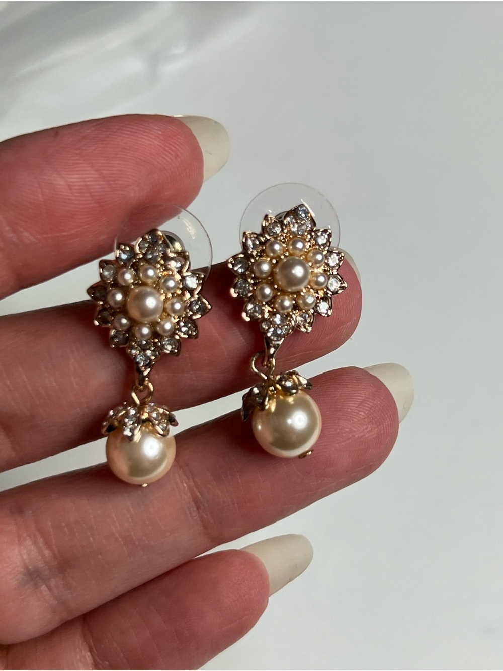 Gold Pearl and Crystal Drop Earrings - Elegant Floral Design